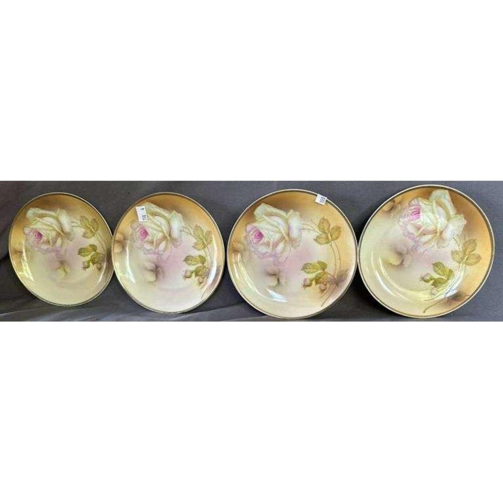 4 Antique Porcelain Plates with Rose Motif, Marked 'P.V. Germany'